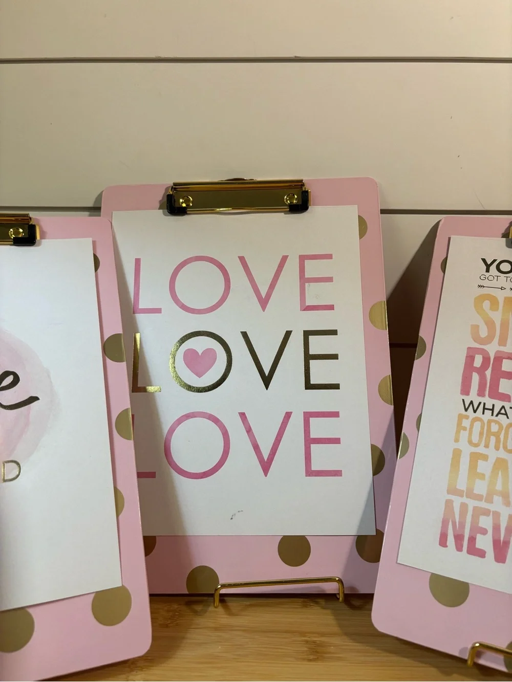 Trio of Pink & Gold Polka Dot Clipboards with Removable Inspirational Qoutes